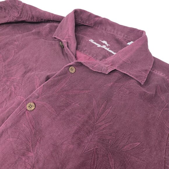 Tommy Bahama Plum Short Sleeve Button-Up Shirt L/G Palm Leaf‎ Pattern 100% Silk - Picture 1 of 8